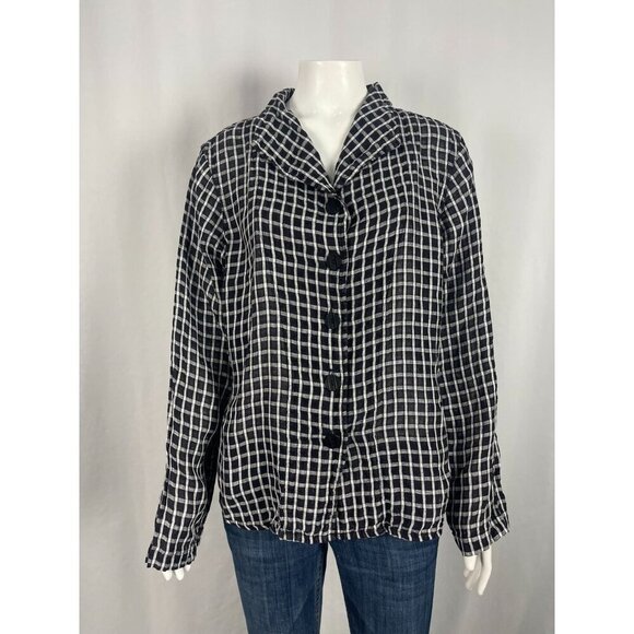Flax Linen Long Sleeve Button Down Shirt Womens Small Plaid Black White - Picture 1 of 8